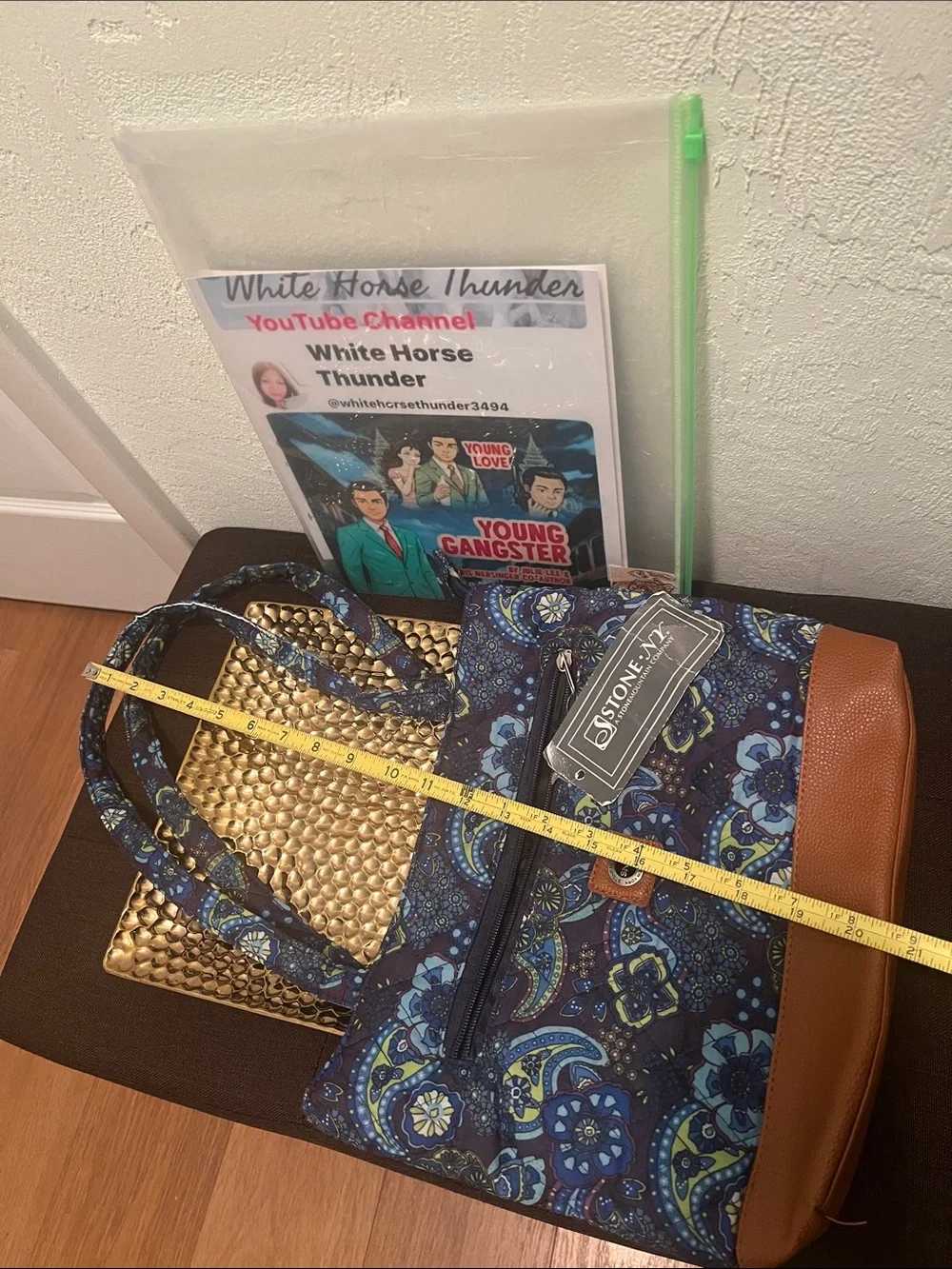 #2362*”13x20” Stone & Co. Navy Patterned Quilted Shoulder Bag with Brown Trim - Picture 4 of 17